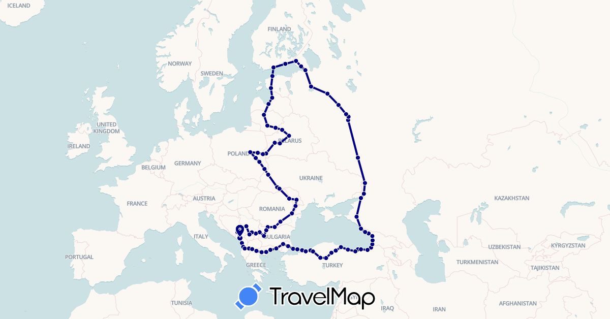 TravelMap itinerary: driving in Albania, Bulgaria, Belarus, Estonia, Finland, Georgia, Greece, Lithuania, Latvia, Moldova, Montenegro, Macedonia, Poland, Romania, Serbia, Russia, Turkey, Ukraine, Kosovo (Asia, Europe)